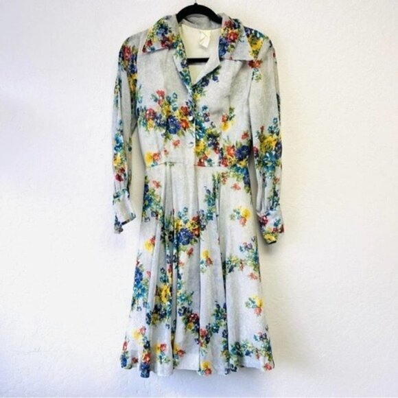 Vintage Cottage Core 1970s Fit and Flare Floral Blue Dress 8 - Picture 1 of 14